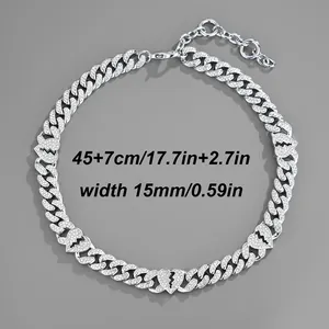 Silver iced out Cuban link necklace with broken heart pendant, 15mm width jewelry