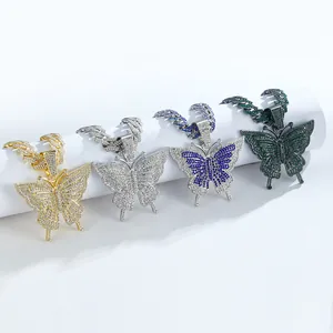 Iced out hiphop vlinder hanger met Cubaanse schakelketting in goud, zilver en groen