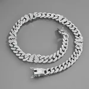 Hip Hop Alloy Full Rhinestone Broken Heart Cuban Link Chain Necklace Bracelet For Men Women Gold Silver Bling Streetwear Jewelry