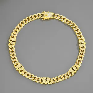 Hip-hop gold plated Cuban link necklace with iced out broken heart pendants and crystals