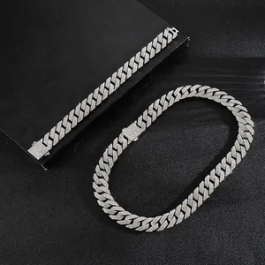 Silver Cuban chain necklace and bracelet set with double-row zircon in hip hop style