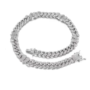 Hip hop silver tone Cuban chain necklace with iced out broken heart pendants