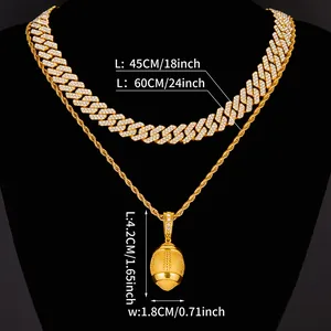 Set gioielli hip hop con catena cubana di strass dorati e collana pendente football
