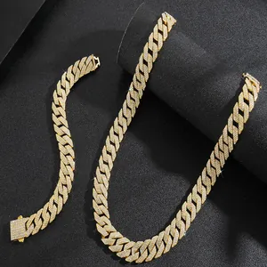 Hip hop gold Cuban link chain set with double row zircons for men in black background