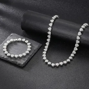 Set gioielli hip hop collana e bracciale a maglie a cuore in argento e zirconi