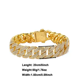Detail of 20cm gold Cuban link bracelet with double row cubic zirconia and clasp dimensions