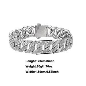 Detail of 15mm cuban link bracelet for men with dual row pavé zircons and buckle