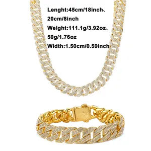 Detailed view of 15mm gold Cuban link chain set with double row zircon pavé settings
