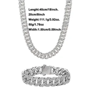 Iced out silver cuban link chain and bracelet set with size and weight specifications