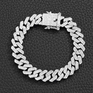 Bracciale cubano hip hop argentato con intarsio completo di pietre di zircone