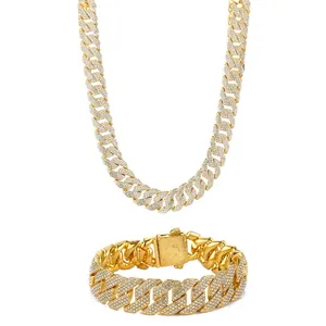 Hip hop gold Cuban link necklace and bracelet set with double row zircon stones