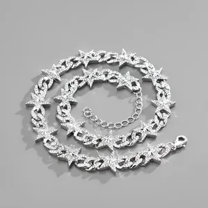 Collana a catena cubana argentata con ciondoli a stella in strass per uomo e donna