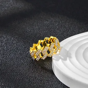 Bague chaîne cubaine plaquée or luxueuse avec cristaux pavés style hip hop pour homme et femme