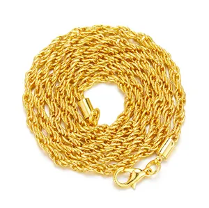 Detail of a shiny gold rope chain necklace with a secure lobster clasp on white background