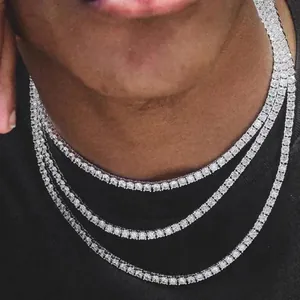 Collar de tenis plateado de tres capas con circonitas blancas para estilo hip-hop urbano