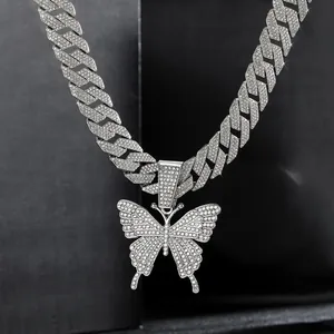 Hip-hop cuban link necklace featuring a sparkling iced out butterfly pendant with crystals