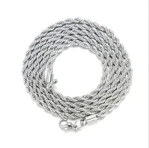 Detailed close-up of a silver twisted rope chain necklace with a secure lobster clasp