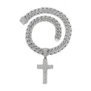 Iced Out Cross Pendant Necklace Hip Hop Cuban Link Chain Alloy Rhinestone Jewelry For Men Women Religious Fashion Accessory