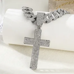 Hip hop silver cross pendant necklace with iced out cuban link chain for men