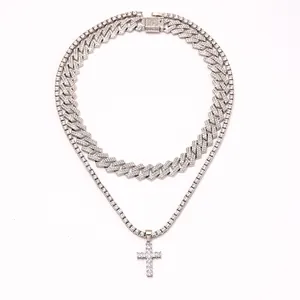 Parure de Collier Pendentif Croix Hip Hop Plaqué Or Argent Alliage Strass Chaîne Gourmette Tennis pour Hommes Femmes Bijoux