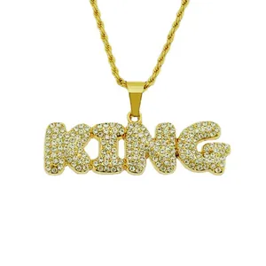 Hip hop style gold KING letter pendant necklace with sparkling stones on rope chain