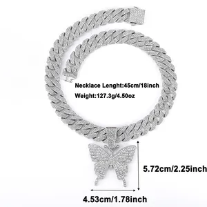 Detailed view of silver butterfly pendant dimensions and Cuban link chain length