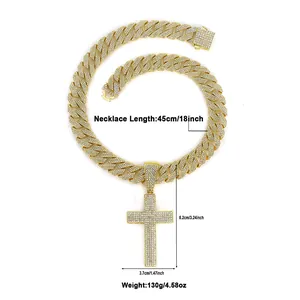 Iced out gold Cuban chain necklace with a large crystal cross pendant for hip hop style