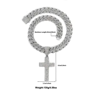 Detailed size chart for silver cross pendant with iced out cuban link chain dimensions