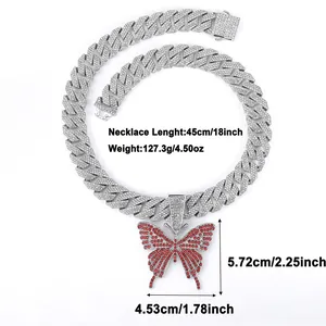 Hip hop Cuban chain with red butterfly pendant showing dimensions 45cm and 127.3g weight