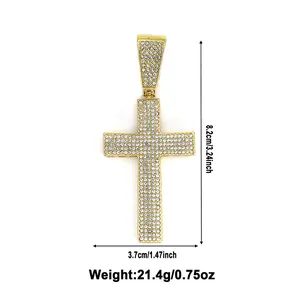 Gold iced out cross pendant details with dimensions 8.2cm x 3.7cm for hip hop jewelry