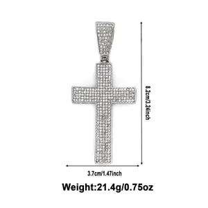 Silver iced-out cross pendant with dimensions 8.2x3.7cm and weight 21.4g details