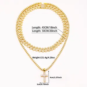 Ensemble collier chaîne cubaine dorée et pendentif croix serti pour bijoux hip-hop