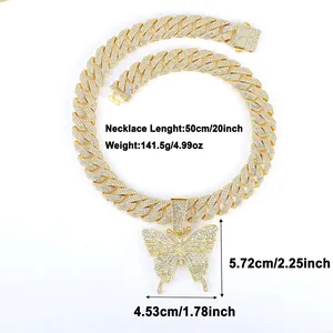 Detailed specs of iced-out gold Cuban link necklace with 50cm length and butterfly pendant