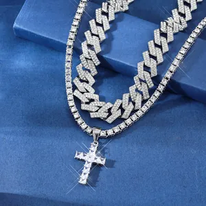 Ensemble de chaîne Cuban link et tennis glacée avec pendentif croix en strass