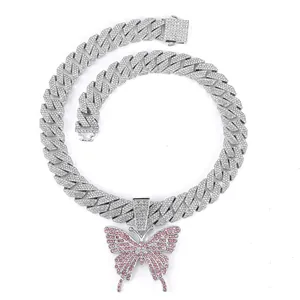 Hip hop cuban link chain necklace with iced out pink butterfly pendant for women