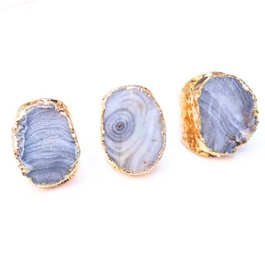 Anillo Abierto de Ágata Natural Druzy Aleación Chapada en Oro Irregular Ajustable Piedra Geoda Anillo Vintage Joyería para Mujer