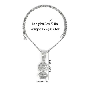 Ciondolo numero 2 in argento ghiacciato su catena a corda da 60 cm stile street hip hop