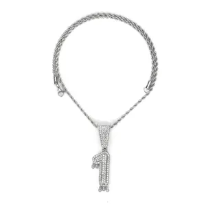 Collana a corda argentata hip hop con ciondolo numero uno ghiacciato con cristalli