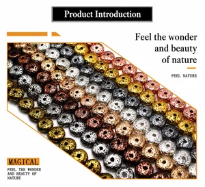 Macro shot of metallic plated lava rock beads in gold, silver, and copper for jewelry DIY