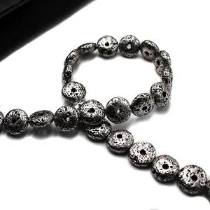 Polished silver electroplated lava stone disc beads for DIY jewelry making