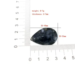 Natural teardrop moss agate pendant necklace with measurement scale for length and width