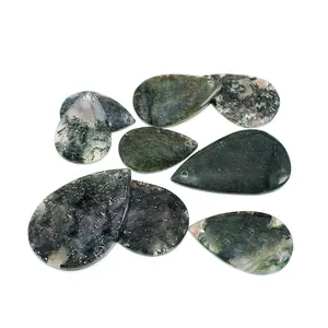 Natural teardrop moss agate pendants with green botanical patterns and pre-drilled holes