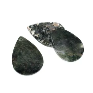 Three teardrop natural moss agate stone pendants with green water grass patterns for DIY jewelry