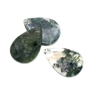 Set of three teardrop-shaped natural moss agate pendants with green mossy inclusions