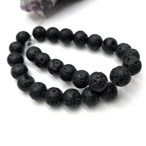 Strand of natural black lava stone round beads with porous matte finish for DIY jewelry