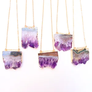 Natürlicher Amethyst Scheibe Druse Stein Nur Anhänger Ohne Kette Gold Plattiert Rand Unregelmäßiger Kristall Quarz Für Schmuck
