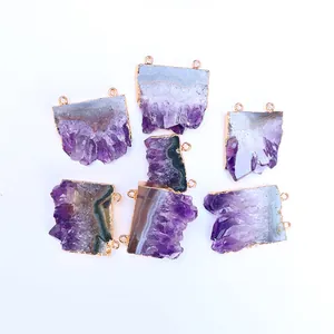Set aus 7 natürlichen Amethyst-Scheiben mit Goldrand und doppelten Ösen für DIY-Schmuck