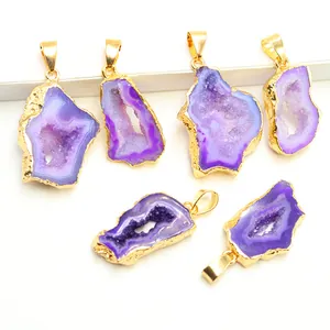 Natural purple agate geode slice pendants with gold plated edges and crystal druzy textures