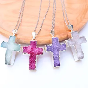 Natürlicher Druzy Kristall Kreuz Anhänger Nur Anhänger (Ohne Kette) Für Damen Vintage Galvanisierte Legierung Kante Schmuck