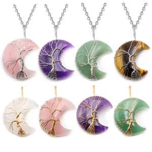 Ciondolo Mezzaluna in Pietra Cristallina Naturale Albero della Vita Avvolto in Filo Solo Ciondolo Senza Catena Gioielli Spirituali Reiki per Donna